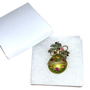 Vintage Dodds Festive Green and Gold ornament Brooch with rhinestone Accents